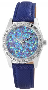 Armbanduhr Blau Silber Kunstleder Crystal Excellanc