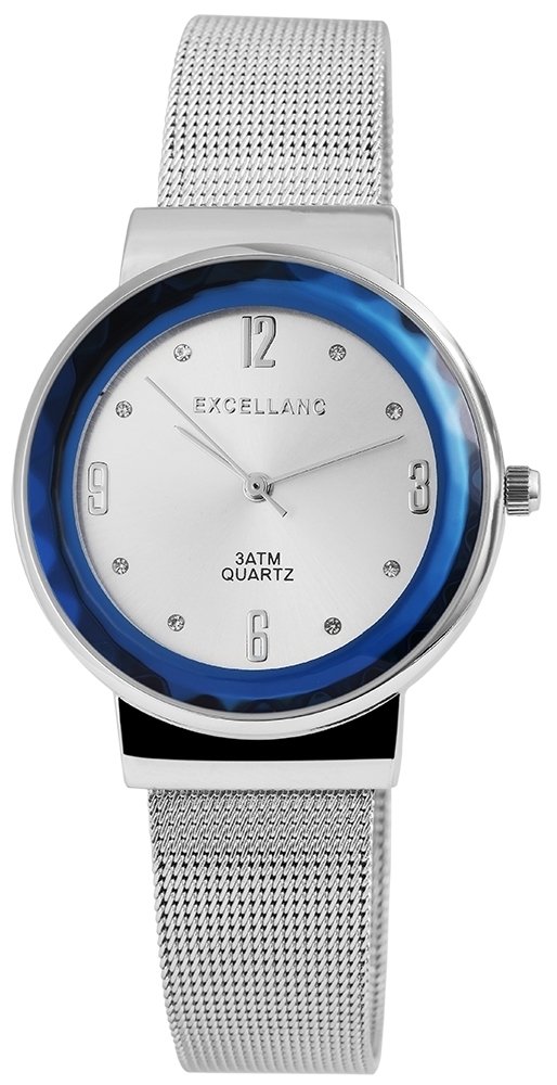Armbanduhr Blau Silber Crystal Metall Meshband Excellanc