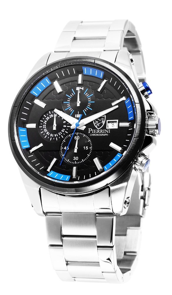 Armbanduhr Schwarz Blau Silber Edelstahl Chronograph Pierrini