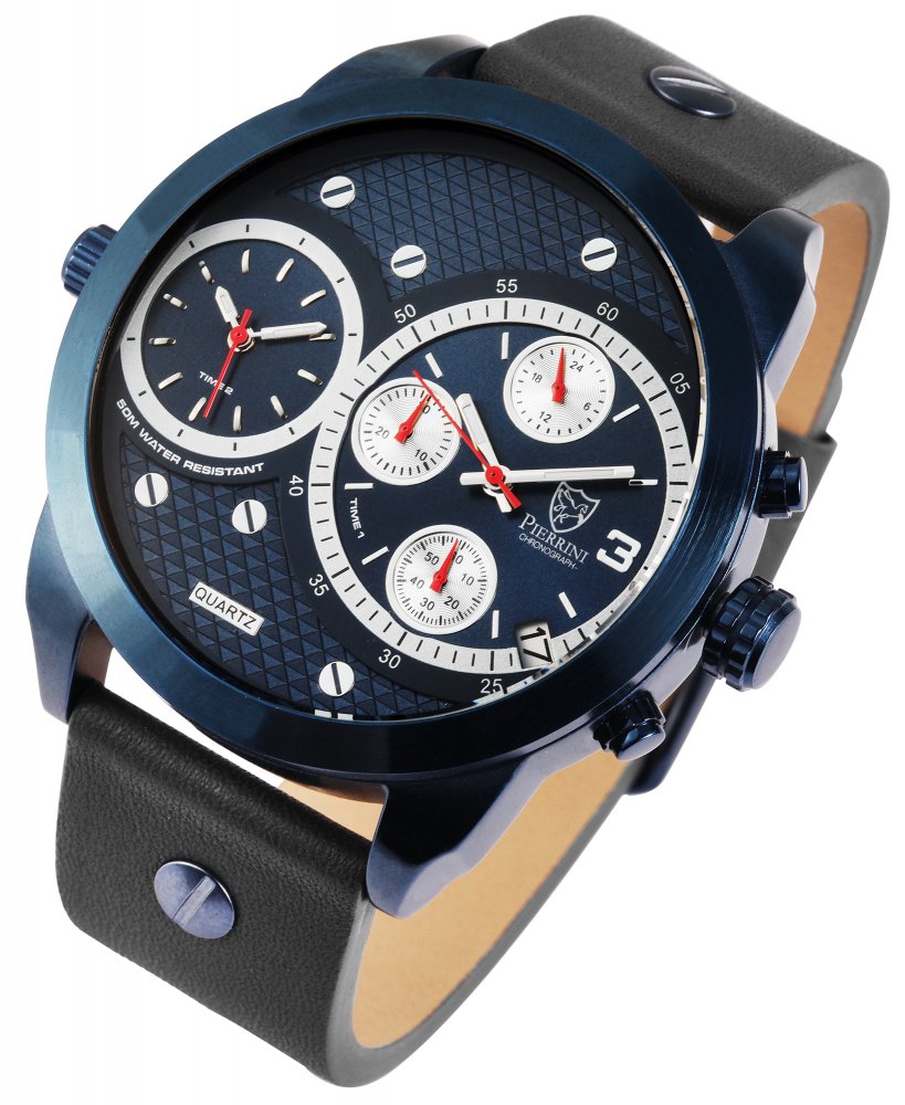 Armbanduhr Blau Grau Leder Chronograph Pierrini 291093000012